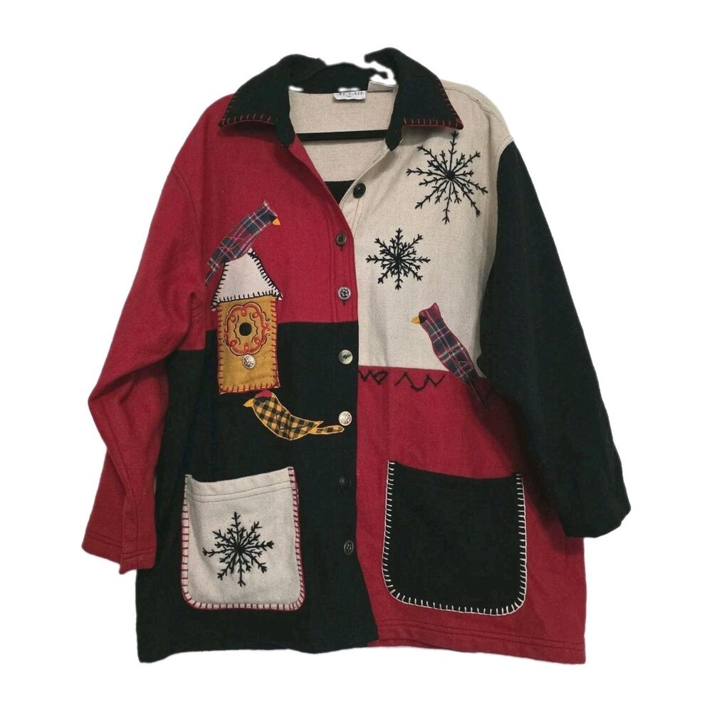 Vintage Cottagecore Winter Bird Wool Coat Womens 2X Colorblock Patchwork Buttons